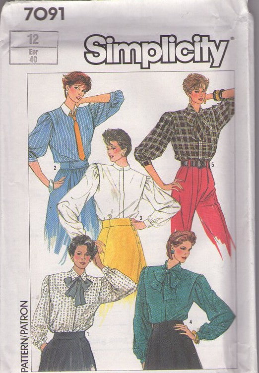Simplicity 7091 Vintage 80's Sewing Pattern Career Blouse Set, Flange, Collar, Bow trims, 5 Styles Size 10