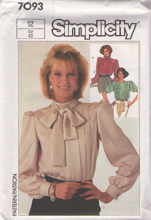 Simplicity 7093 Vintage 80's Sewing Pattern Secretary Blouse Set, Vertical Pleats, Modest Pussycat Bow Tie Collar, Suit Blouse Set Size 10