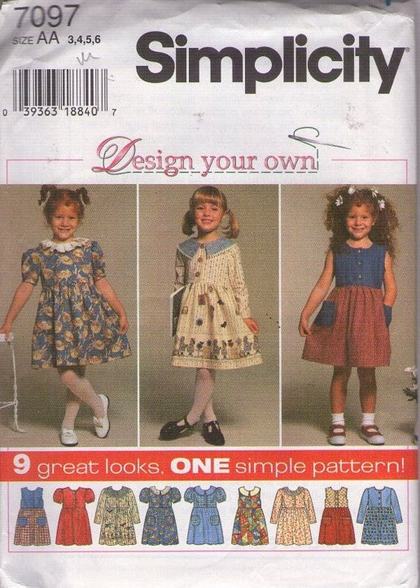 Simplicity 7097 Retro 90's Sewing Pattern Girl's Dress Set, Design Your Own, Modest Farmcore, Dress, 9 Great Looks Size 3-6