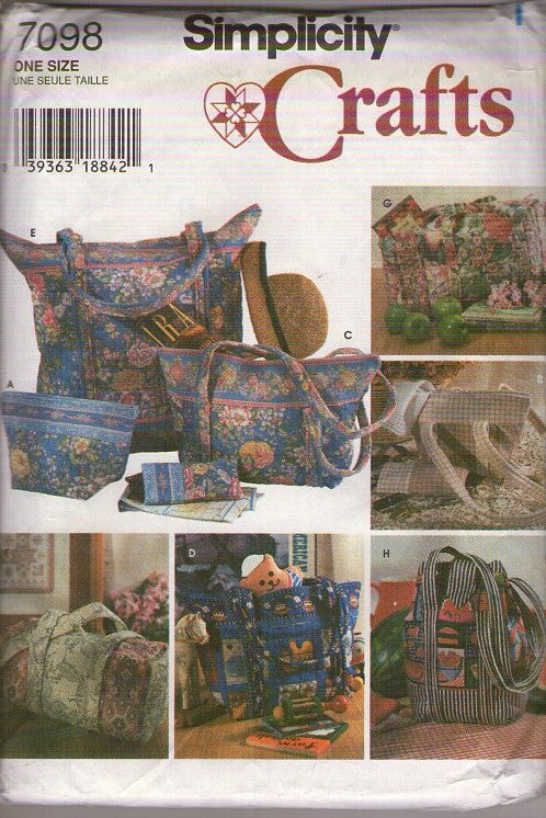 Simplicity 7098 Vintage 90's Sewing Pattern Quilted Travel Crafts, Duffle or Diaper Bag, Backpack, Purse, Eyeglass Case