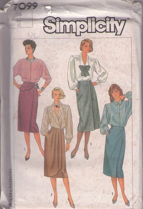 Simplicity 7099 Vintage 80's Sewing Pattern Wrap Around Skirts, Office Secretary Skirt Set, Wide Sash Belt, Pleats, Pockets Size 14