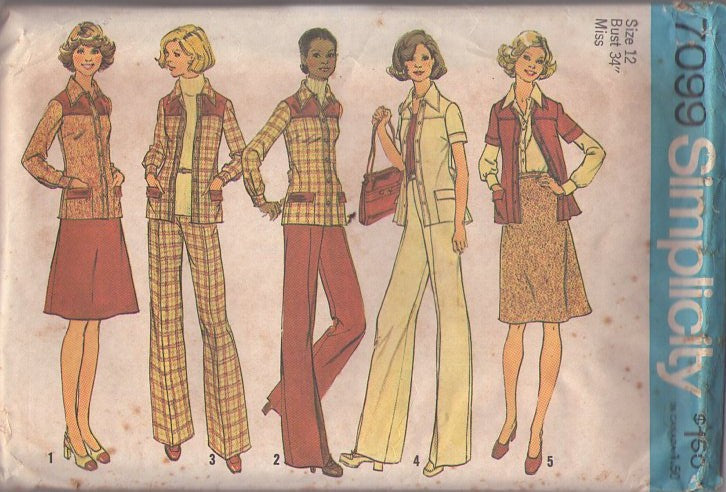 Simplicity 7099 Vintage 70's Sewing Pattern Pantsuit Separates, Western Style Contrast Yoke Shirt Jacket Blouse, Secretary Flared Skirt, Wide Leg Pants Size 12