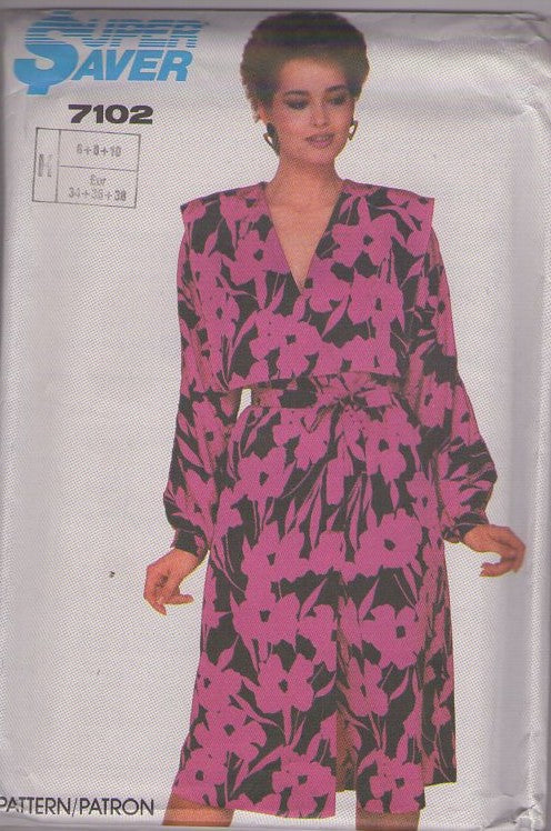 Simplicity 7102 Vintage 80's Sewing Pattern Office Dress, Super Saver, Flat Big Collar Mock Wrap Secretary Office Party Dress Size 6-10