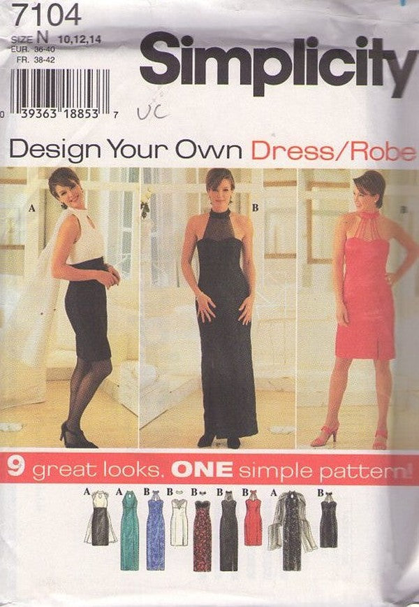 Simplicity 7104 Retro 90's Sewing Pattern Evening Dress Set, Design Your Own Dress Sheer or Strap Collar, Strapless, Halter Top Evening Gown, Holiday Cocktail Party Dress 9 Great Looks Size 10-14