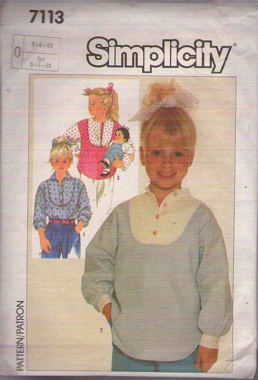 Simplicity 7113 Vintage 80's Sewing Pattern Girl's Shirt Set, Contrast Scoop Button Yoke, 3 Styles Size 5-6