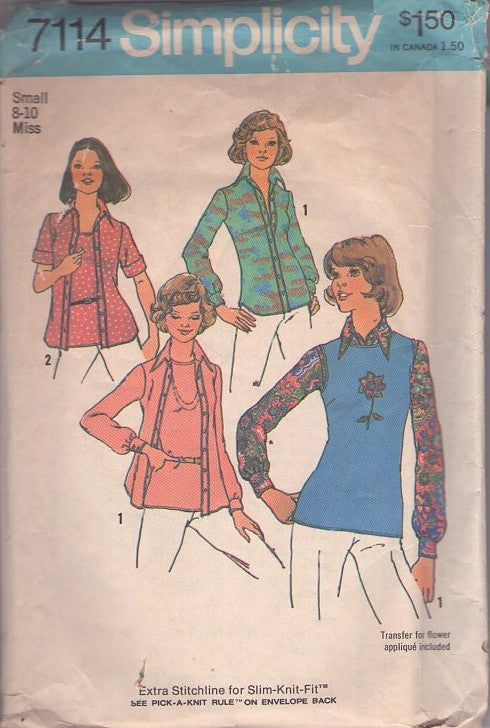 Simplicity 7114 Vintage 70's Sewing Pattern Hippie Tops, Knits Pullover Tank Top, Novelty Print Shirt Jacket Blouse Size S