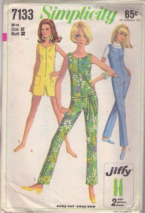 Simplicity 7133 Vintage 60's Sewing Pattern Jiffy Jumpsuits, Mod Front Zipper Shoulder Buttons Summer Romper, Playsuit, Slim Leg Catsuit, Jumpsuit Size 12