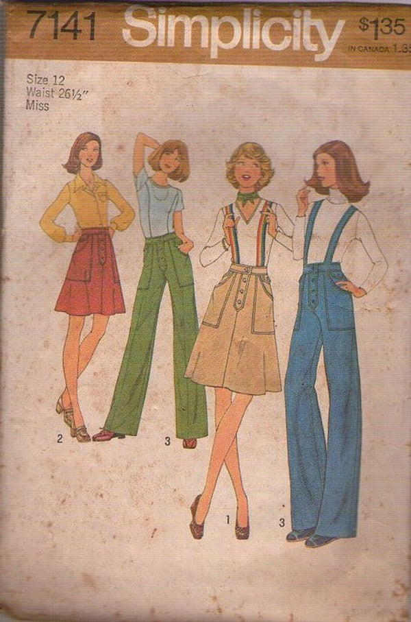 Simplicity 7141 Vintage 70's Sewing Pattern High Waist Pants, Cargo Pockets, Suspenders, Skirt, Button Fly 3 Styles Size 12