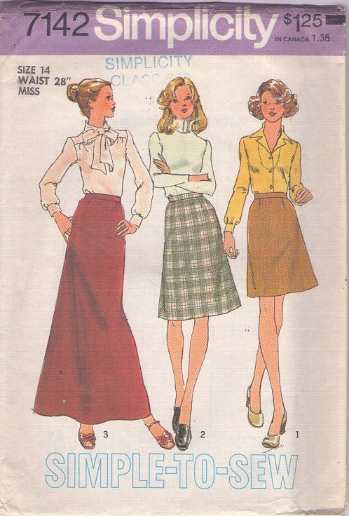 Simplicity 7142 Vintage 70's Sewing Pattern Secretary Skirts, Simple to Sew, Easy A Line Mini, Regular, Maxi Skirt Size 14