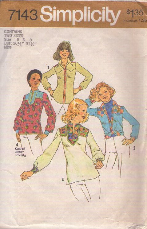 Simplicity 7143 Vintage 70's Sewing Pattern Hippie Shirts, Boho Dashiki Style Pullover Top, Shirt, Western Yoked Blouse 4 Styles Size 6-8 CUT