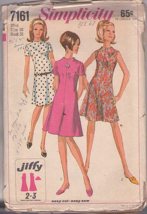 Simplicity 7161 Vintage 60's Sewing Pattern Mod Dress, Twiggy, Fit & Flared Stand Up Funnel Neck Dart Fit Secretary Dress, 2 Styles Size 10