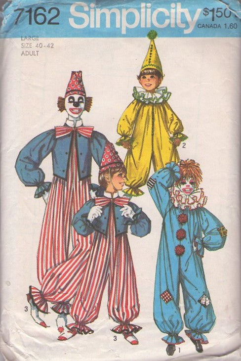 Simplicity 7162 Vintage 70's Sewing Pattern Clown Costumes, Cirque De Soleil Circus Clowns Jumpsuit, Ringmaster Jacket, Neck Ruff & Hat Killer Klowns from Outer Space Size Child's 6-8