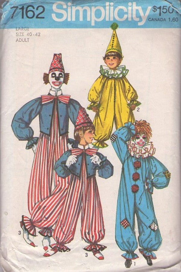 Simplicity 7162 Vintage 70's Sewing Pattern Clown Costumes, Cirque De Soleil Circus Clowns Jumpsuit, Ringmaster Jacket, Neck Ruff & Hat Killer Klowns from Outer Space Size Child's 6-8