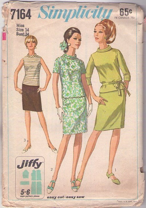 Simplicity 7164 Vintage 60's Sewing Pattern Jiffy Mod 2 Pc Dress, 3 Sleeve Choice Mod Secretary Blouse, Top, Slim Sheath Skirt, 2 Piece Dress Size 14