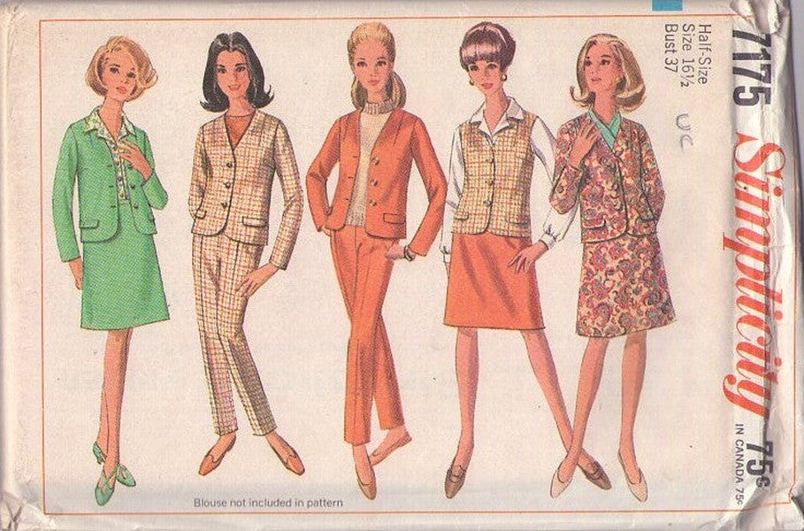 Simplicity 7175 Vintage 60's Sewing Pattern Mod Suit Separates, Mad Men Mix & Match Office Suit Jacket, A-Line Skirt, Slacks Size 16.5