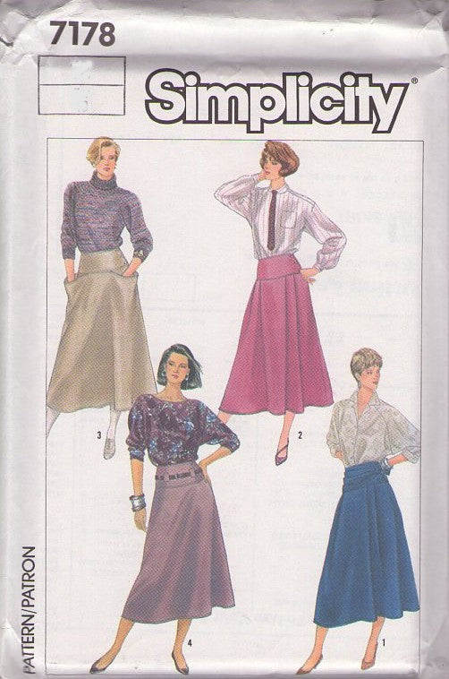 Simplicity 7078 Vintage 80's Sewing Pattern Yoke Skirt, Secretary Midi Skirts, Pouch Pockets, Ruched, Belt 4 Styles Size 8
