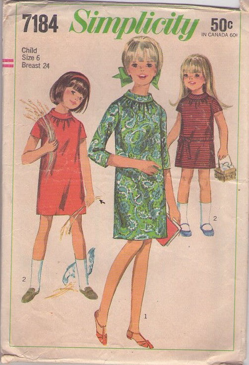Simplicity 7184 Vintage 60's Sewing Pattern Girl's Dresses, Shirred Neckline Straight Fitting Slim Mod School Dress 2 Styles Size 6