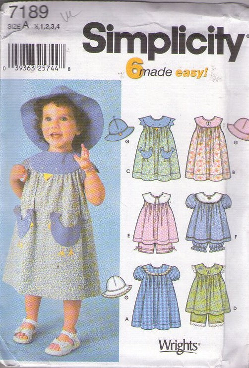 Simplicity 7189 Retro 2002 Sewing Pattern Girl's Dress Set, 6 Made Easy, Modest, Farmcore, Flared Round Yoke Dress, Bloomers Panties Shorts Chicken Pockets & Sun Hat Size 1/2-4