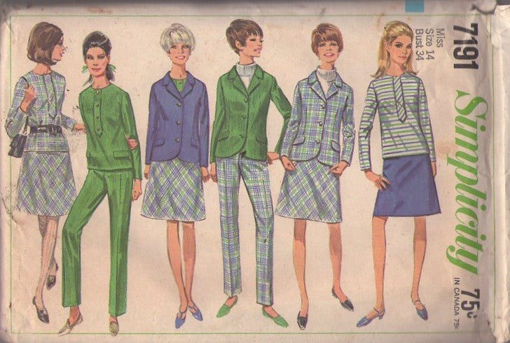 Simplicity 7191 Vintage 60's Sewing Pattern Mod Separates, Twiggy Mix & Match Secretary Blouse, Blazer Jacket, A-Line Skirt & Tapered Leg Slacks Size 14