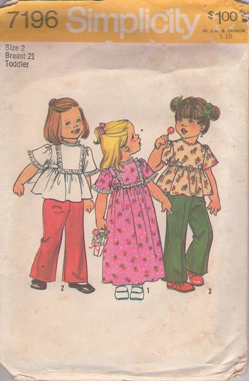 Simplicity 7196 Vintage 70's Sewing Pattern Girl's Separates, Flared Bell Sleeve Tie Back Peplum Smock Top Blouse, Shirt, Long Modest Party Dress, Pants Size 2