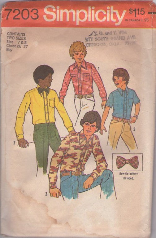 Simplicity 7203 Vintage 70's Sewing Pattern Boys' Shirts, Retro Brady Bunch Body Shirt, Button Down Collar Dress Shirt, Bow Tie HIPSTER! Size 7-8