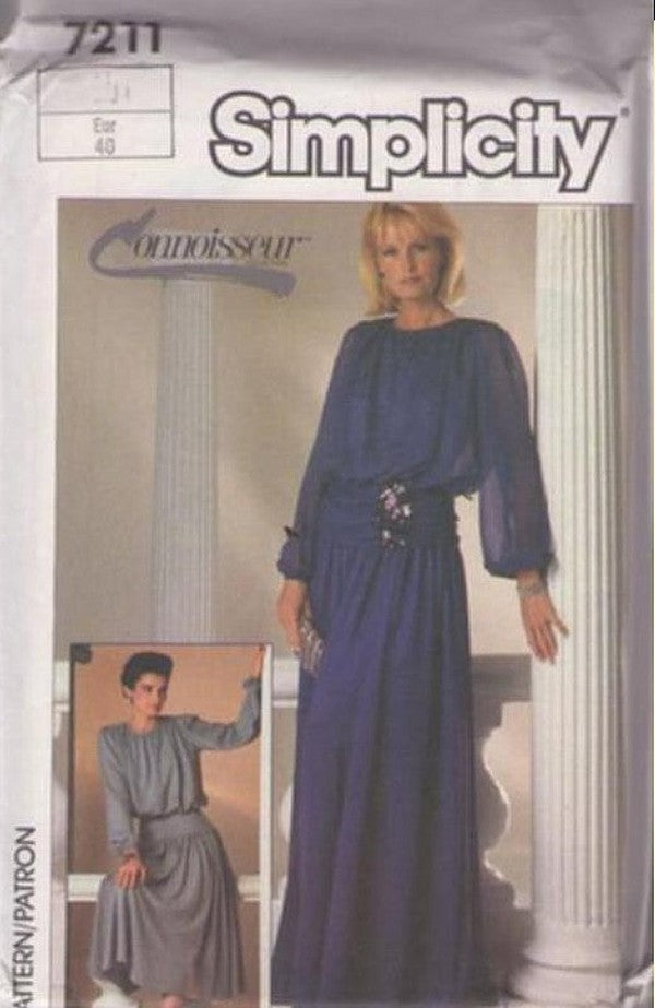Simplicity 7211 Vintage 80's Sewing Pattern Evening Gowns, Connoisseur Draped Dress, Sheer Bodice, Camisole Top, Hip Yoke & Ruched Cummerbund Sash Belt Size 12