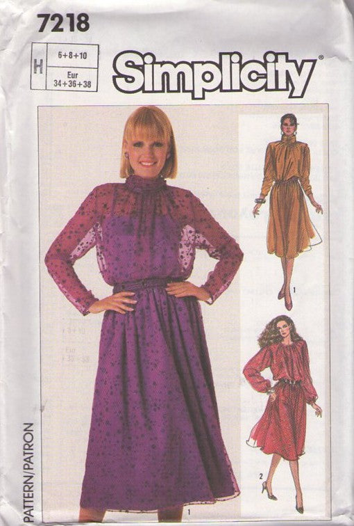 Simplicity 7218 Vintage 80's Sewing Pattern Office Dress, Sheer Bodice Under Cami Top Back Buttoned Secretary Dress, Evening Party Styles Size 6-10