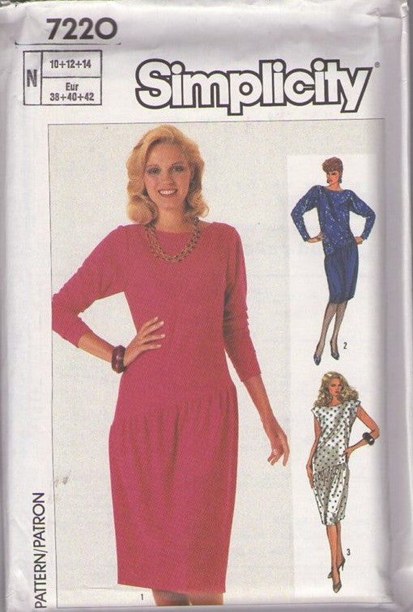 Simplicity 7220 Vintage 80's Sewing Pattern New Wave Dress Set, Asymmetric Drop Waist Cocktail Party Dress 3 Styles Size 6-10