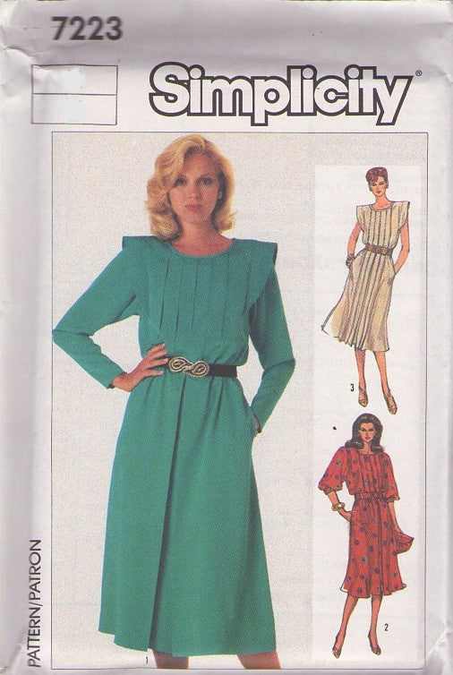 Simplicity 7223 Vintage 80's Sewing Pattern Secretary Dress, New Wave Space Age Look Pin Tucks & Flanged Sleeves Office Dress Size 10