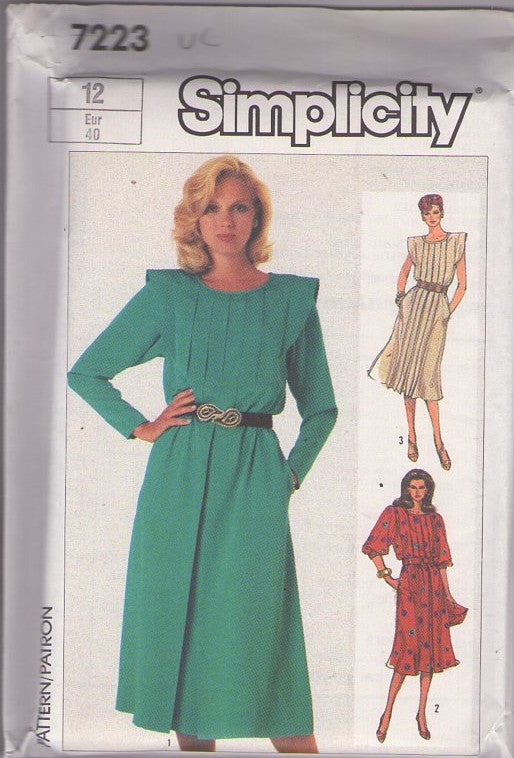 Simplicity 7223 Vintage 80's Sewing Pattern Secretary Dress, New Wave Space Age Look Pin Tucks & Flanged Sleeves Office Dress Size 12
