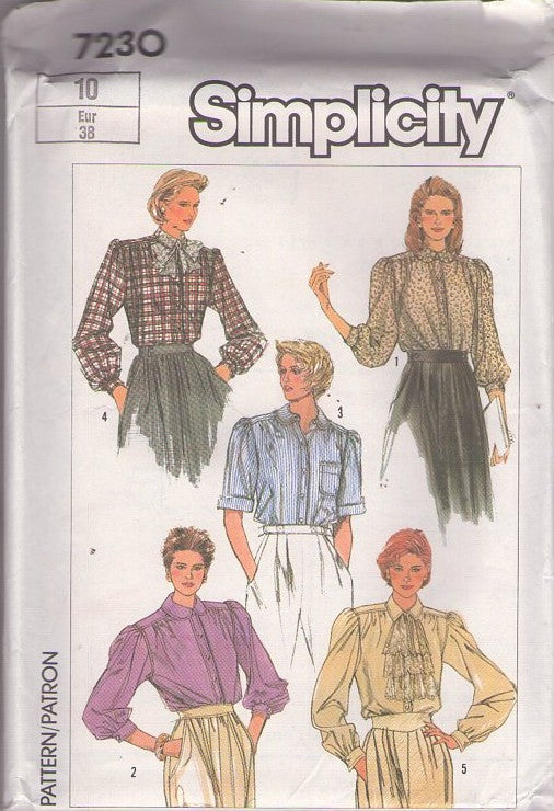 Simplicity 7230 Vintage 80's Sewing Pattern Modest Blouses, Secretary Button Up Blouse, Shirt Set, Collar & Sleeve Options Size 10