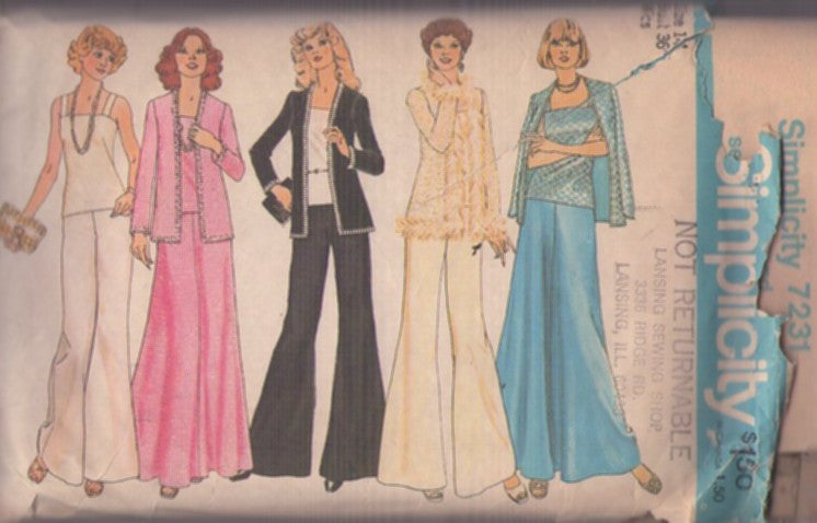 Simplicity 7231 Vintage 70's Sewing Pattern Disco Pantsuit, Marabou Fur Trimmed Jacket, Evening Camisole Tank Top, Bell Bottom Pants, Maxi Skirt Size 14