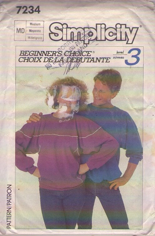 Simplicity 7234 Vintage 80's Sewing Pattern New Wave Shirt, Huge Rounded Yoke Sweatshirts, Shirts Stitched Raglan Sleeve Pullover Size M
