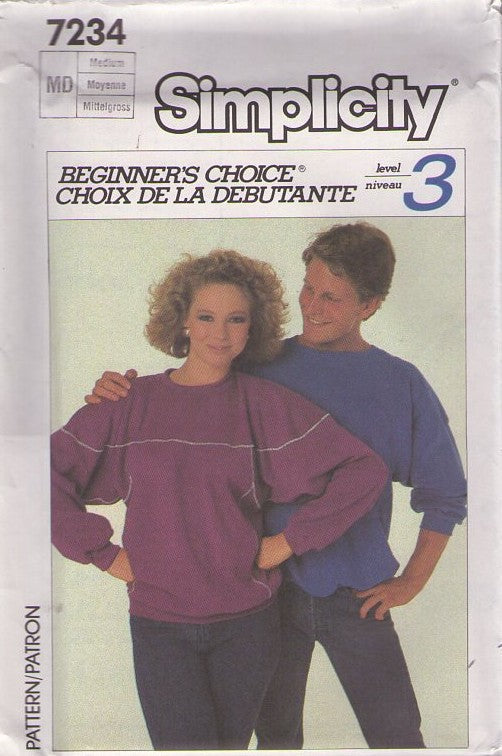 Simplicity 7234 Vintage 80's Sewing Pattern New Wave Shirt, Huge Rounded Yoke Sweatshirts, Shirts Stitched Raglan Sleeve Pullover Size S