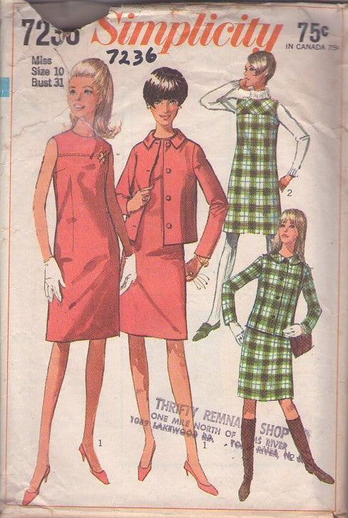 Simplicity 7236 Vintage 60's Sewing Pattern Mod Suit Dress, Twiggy Carnaby Street Fashions High Yoked Dress & Suit Jacket Size 10
