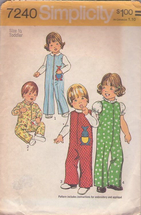 Simplicity 7240 Vintage 70's Sewing Pattern Boys' & Girl's Separates, Front Zippered Creeper, Jumpsuit, Coveralls with Kangaroo Pouch Applique Pocket 4 Styles Size 1/2