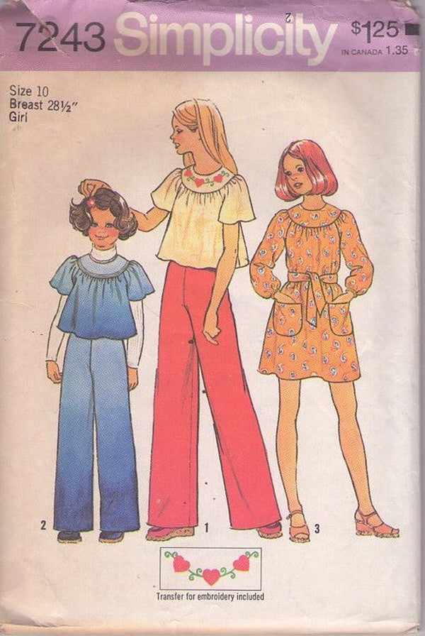 Simplicity 7243 Vintage 70's Sewing Pattern Girl's Separates, Boho, Hippie, Flared Flutter Sleeve Crop Top Blouse, Dress, Pants Size 10