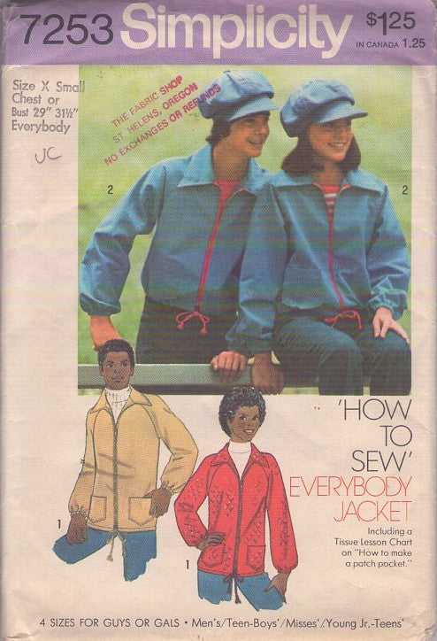 Simplicity 7253 Vintage 70's Sewing Pattern Disco Jackets, Newsboy Cap, Hat, Front Zipper Drawstring Waist Jacket How to Sew Everybody Jacket Size XS