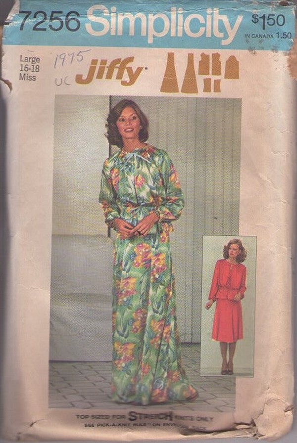 Simplicity 7256 Vintage 70's Sewing Pattern Easy Separates, Jiffy Hostess Lounge Ensemble, Knits Strapless Tube Top, Peplum Jacket Blouse, Skirt in 2 Lengths Size L