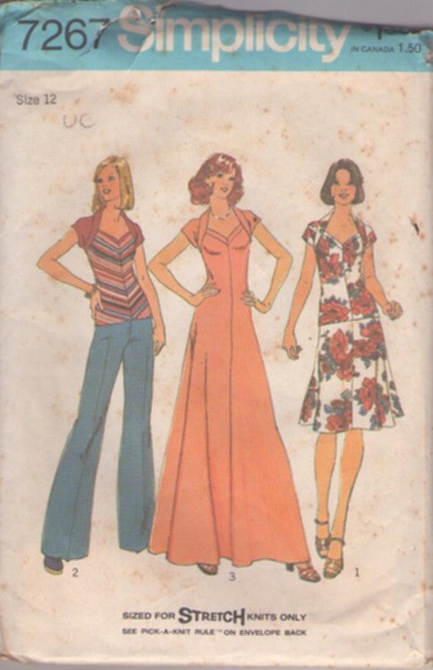 Simplicity 7267 Vintage 70's Sewing Pattern Disco Knits Separates, Faux Shrug Sleeve Sweetheart Neckline That 70's Show Top, Shirt, Flared Skirt, Long Maxi Gown Dress Size 12
