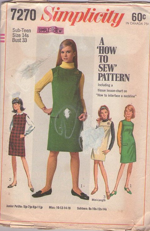 Simplicity 7270 Vintage 60's Sewing Pattern Mod Jumpers, Easy How to Sew Yoked Jumper, Day Dress Size 14S Bust 33