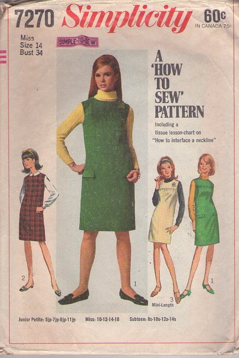 Simplicity 7270 Vintage 60's Sewing Pattern Mod Jumpers, Easy How to Sew Yoked Jumper, Day Dress Size 14, Bust 34