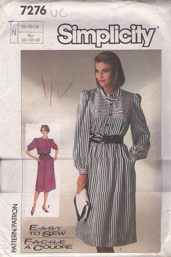 Simplicity 7276 Vintage 80's Sewing Pattern Secretary Dress, Career Shirtwaist Dress, Flared Skirt, Pockets Size 10-14