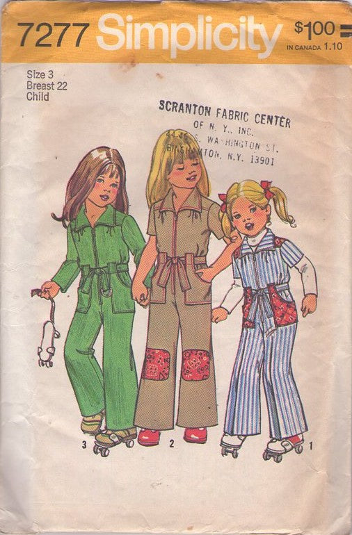 Simplicity 7277 Vintage 70's Sewing Pattern Girl's Jumpsuit, Roller Boogie, Front Zippered, Cargo Pockets, Knee Patches, Coveralls Size 3
