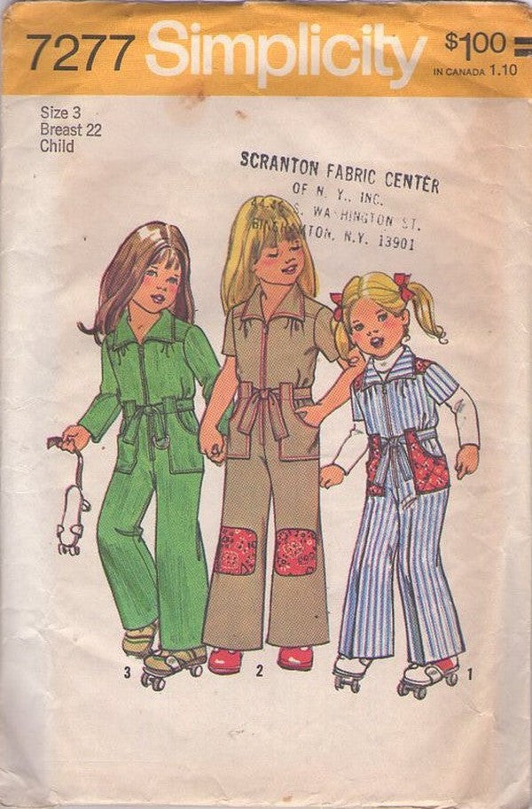 Simplicity 7277 Vintage 70's Sewing Pattern Girl's Jumpsuit, Roller Boogie, Front Zippered, Cargo Pockets, Knee Patches, Coveralls Size 3