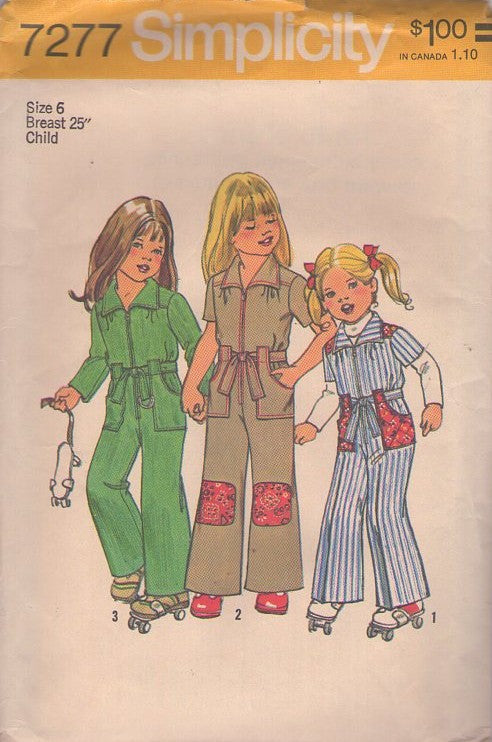 Simplicity 7277 Vintage 70's Sewing Pattern Girl's Jumpsuit, Roller Boogie, Front Zippered, Cargo Pockets, Knee Patches, Coveralls Size 6