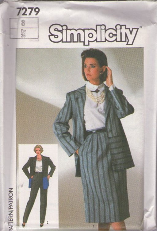 Simplicity 7279 Vintage 80's Sewing Pattern Power Suit Separates, Secretary Suit Dress, Oversized Boxy Jacket, Contrast Pockets, Skirt & Trousers Size 12