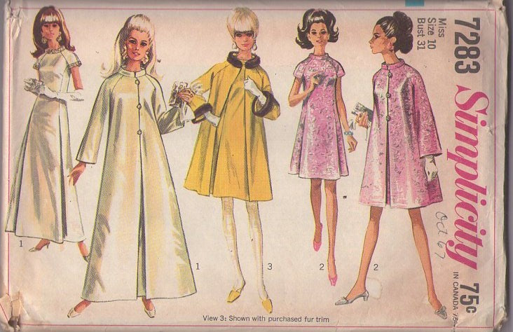 Simplicity 7283 Vintage 60's Sewing Pattern Mod Gala Dress, Coat Set, Cocktail Party Dress, Bridal Gown, Fur Cuff Jacket & Opera Coat Size 10
