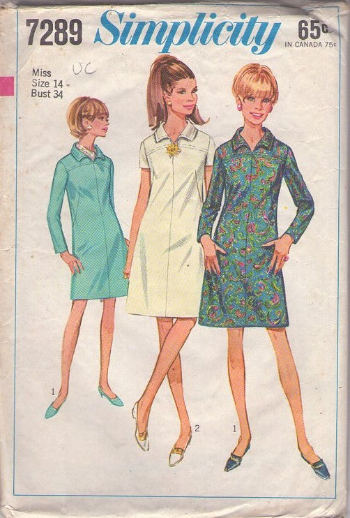 Simplicity 7289 Vintage 60's Sewing Pattern Mod Dress, Retro Nurse Style, High Yoked Collared Day Dress, Dart Fitted Size 14