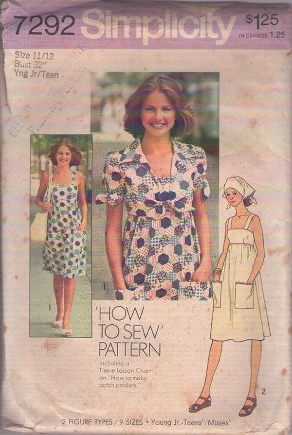 Simplicity 7292 Vintage 70's Sewing Pattern Boho Sundress, Jacket, Easy How to Sew Empire Waist Jumper Sun Dress, Cropped Tie Front Shrug Jacket Size 11/12